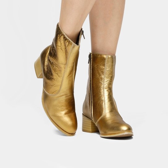 Bota Couro Cano Médio Shoestock Salto Bloco - Dourado