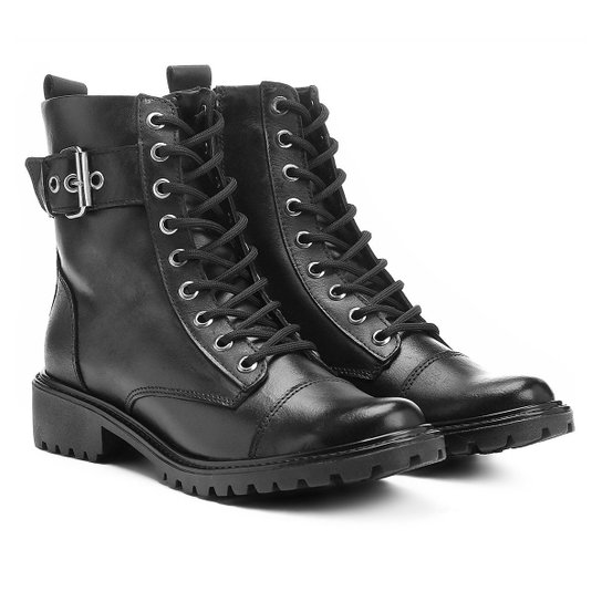 Bota Couro Coturno Shoestock Fivela Feminina - Preto