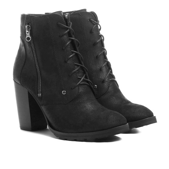 Bota Couro Coturno Shoestock Zíper Feminina - Preto