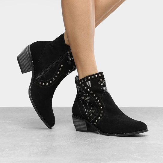 Bota Couro Country Colcci Rebites e Cristais Feminina - Preto