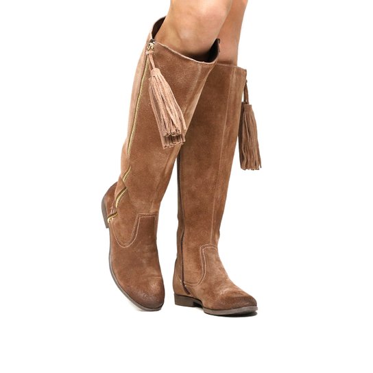 Bota Couro Over the Knee Shoestock Barbicacho Feminino - Bege