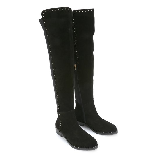 Bota Couro Over the Knee Shoestock Flat Feminina - Preto