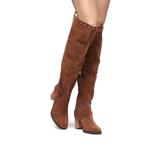 Bota Couro Shoestock Over the Knee Vira Cravos Feminina - Caramelo