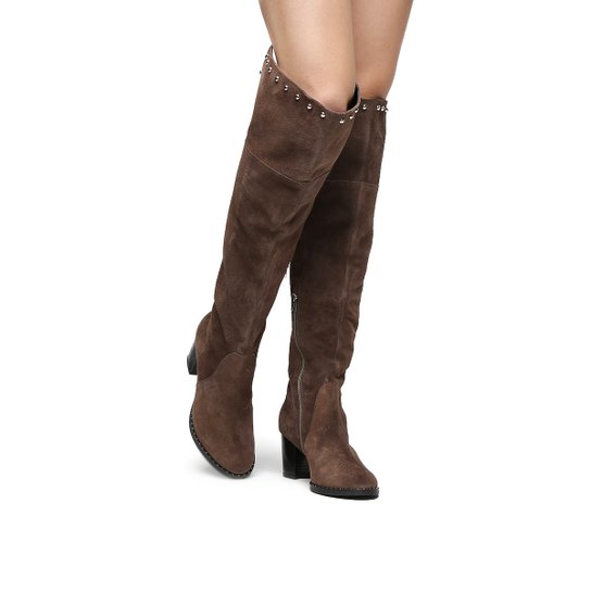 Bota Couro Shoestock Over the Knee Vira Cravos Feminina - Cinza