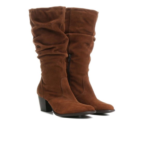Bota Couro Slouch Cano Alto Shoestock Feminina - Caramelo