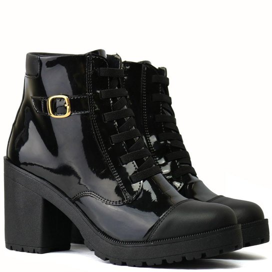 Bota Pórtice Tratorada Zíper Verniz Feminina - Preto