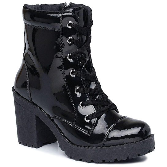 Bota Tratorada Pórtice em Verniz Cano Médio Feminino - Preto