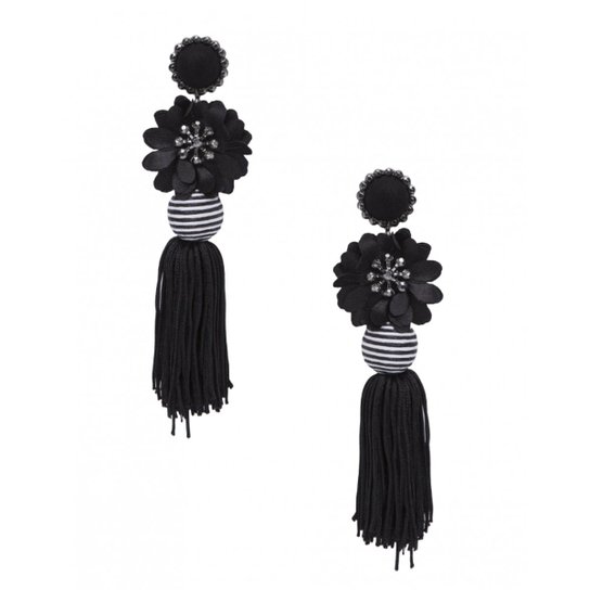 Brinco Amaro Flor Com Tassel Feminino - Preto