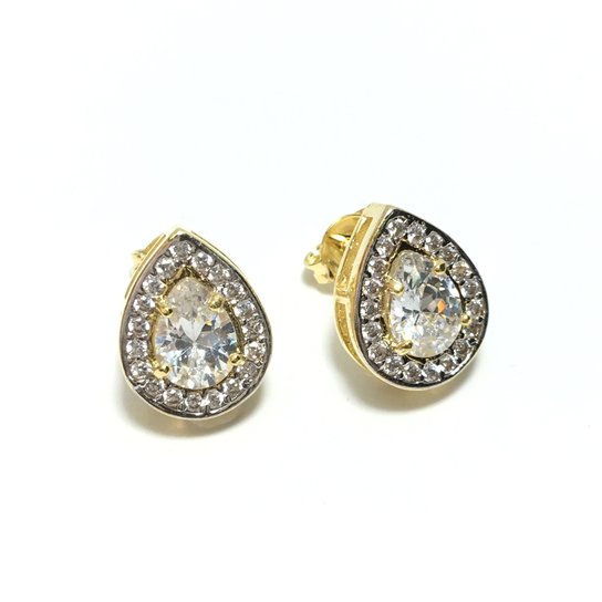 Brinco Banho De Ouro Gota Cristal Incolor Com Zirconia E Rodio - Dourado
