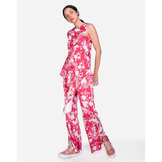 Calça Amaro De Cetim Estampado - Rosa+Branco