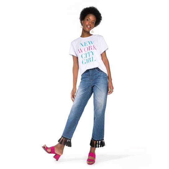 Calça Amaro Jeans Reta Barra Com Franjas - Azul