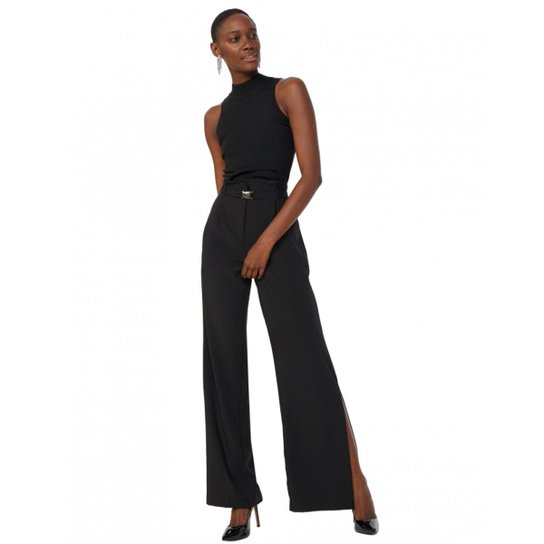 Calça Amaro Reta Cinto Com Fivela Esportiva Feminina - Preto