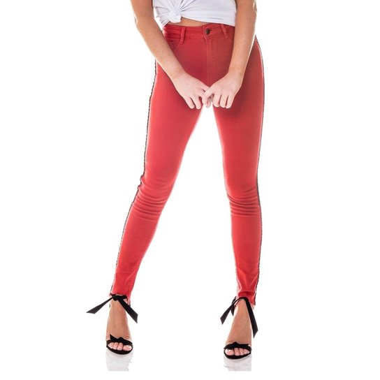 Calça Folini Têxtil Jeans Denim Zero Skinny Média Cigarrete com Listra - Vermelho
