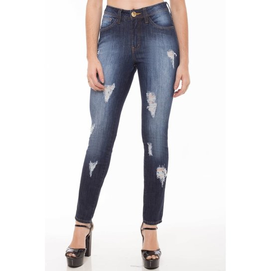 Calça Jeans Cigarrete Mid Rise Skinny Eventual Feminina - Azul Escuro