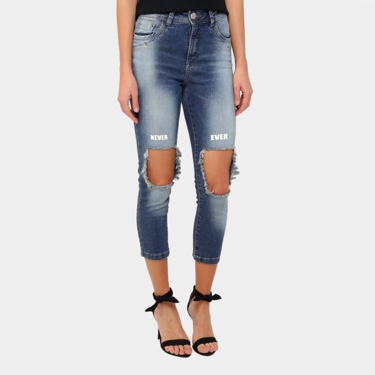Calça Jeans Cigarrete Zune Rasgada Cintura Alta Feminina - Jeans