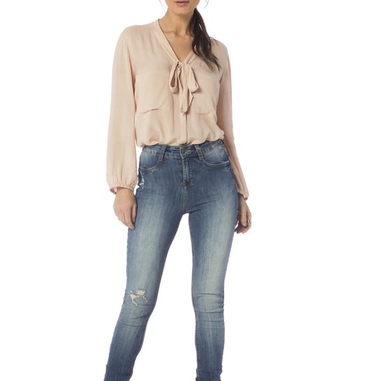 Calça Jeans Denim Zero Skinny Média Estonada Feminina - Jeans