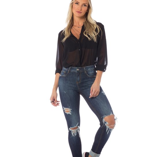 Calça Jeans Denim Zero Skinny Média Rasgos Feminina - Jeans