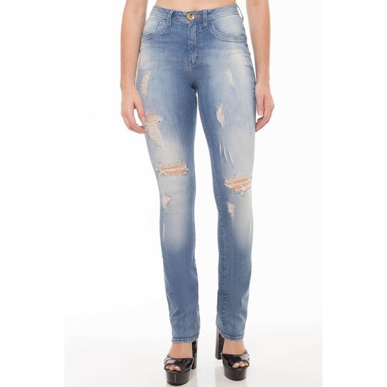 Calça Jeans Mid Rise Slim Eventual Feminina - Azul