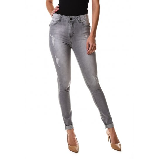 Calça Skinny Cintura Alta - Gray Jeans - 48 - Cinza