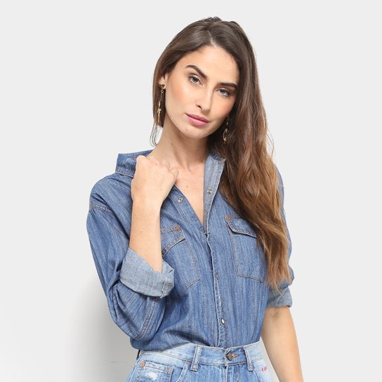 Camisa Cantão Desfiada Feminina - Jeans