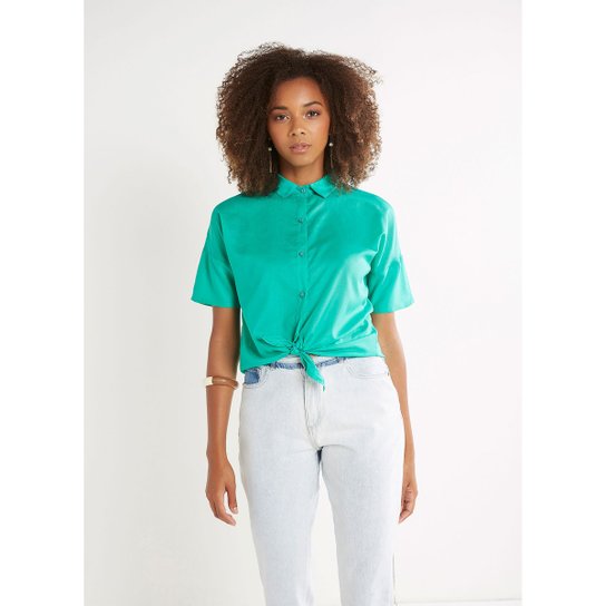 Camisa Cantão Nó Voil Encerado Feminino - Verde