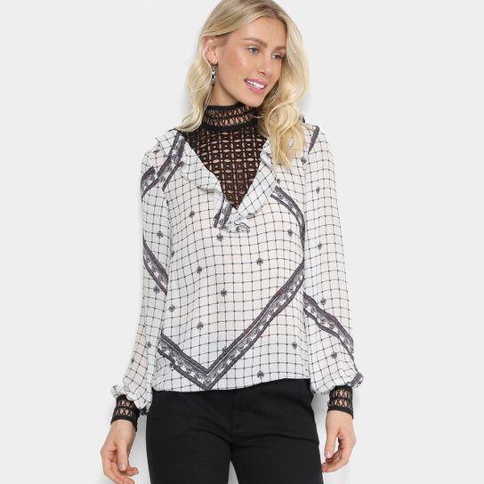 Camisa com Renda Lança Perfume Estampada Manga Longa Feminina - Branco