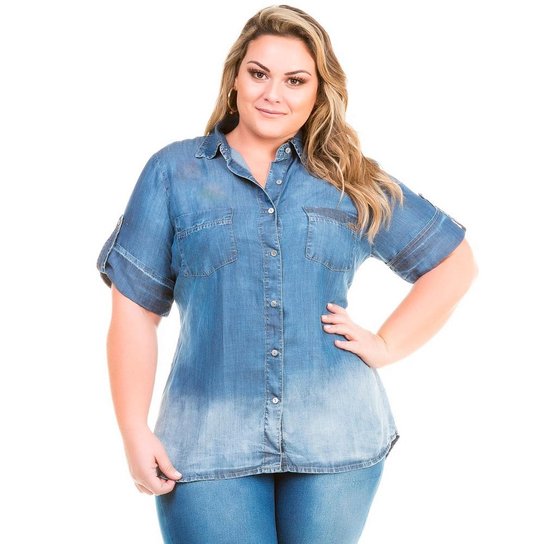 Camisa Confidencial Extra Plus Size Jeans Básica Manga Curta Feminina - Azul