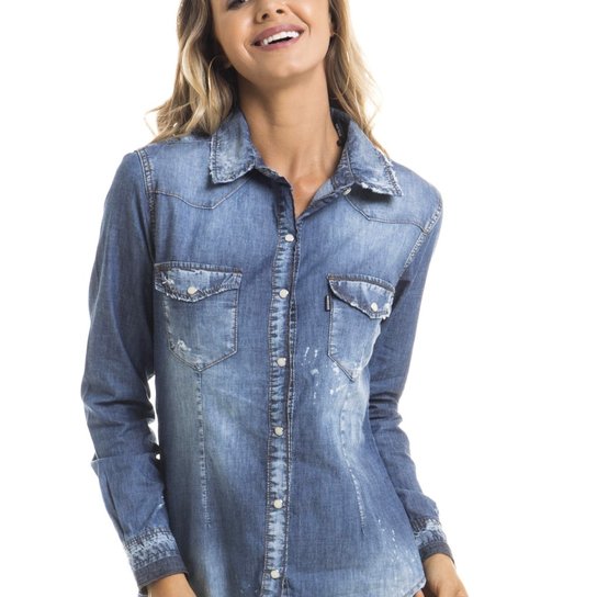 Camisa Feminina Ajustada Destroyed Denim Zero - Azul