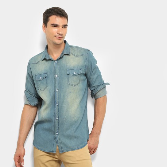Camisa Jeans Manga Longa Watkins & Krown Estonada Masculina - Azul