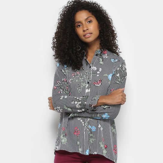 Camisa Lily Fashion Manga Longa Floral Babado Feminina - Preto