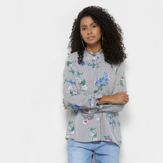 Camisa Lily Fashion Manga Longa Floral Babado Feminina - Cinza