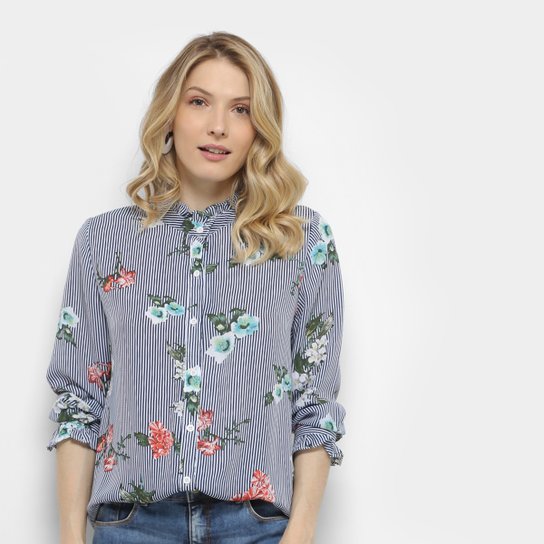 Camisa Lily Fashion Manga Longa Floral Babado Feminina - Marinho