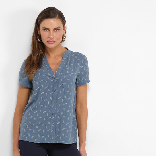 Camisa Manga Curta Facinelli Folhagem Feminina - Azul Claro