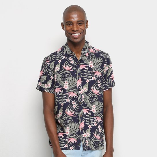 Camisa Manga Curta Pacific Blue Floral Masculina - Marinho