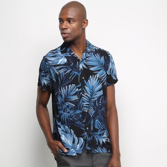Camisa Manga Curta Pacific Blue Foliage Masculina - Marinho