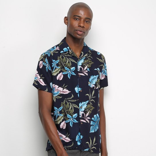 Camisa Pacific Blue Folhas Masculina - Marinho