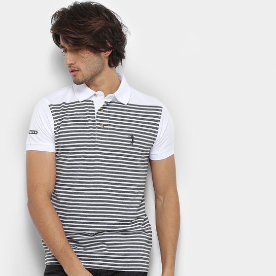 Camisa Polo Aleatory Listrada Fio Tinto Logo Bordado Masculina - Cinza+Branco