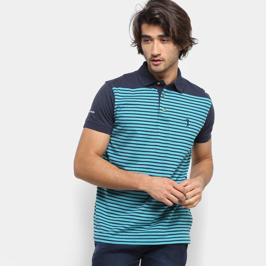 Camisa Polo Aleatory Listrada Fio Tinto Logo Bordado Masculina - Verde+Azul