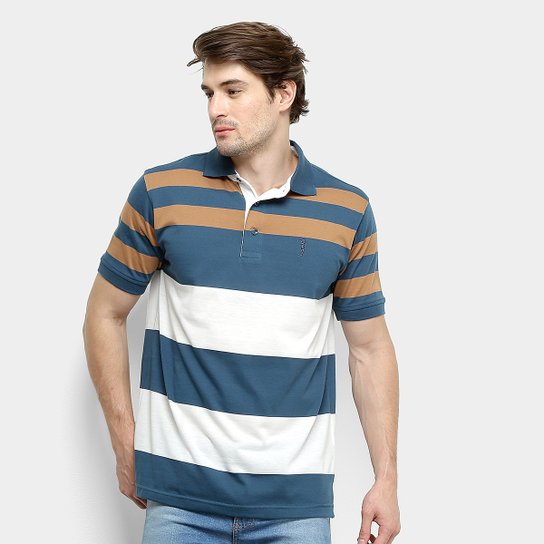 Camisa Polo Aleatory Listrada Fio Tinto Masculina - Azul+Marinho