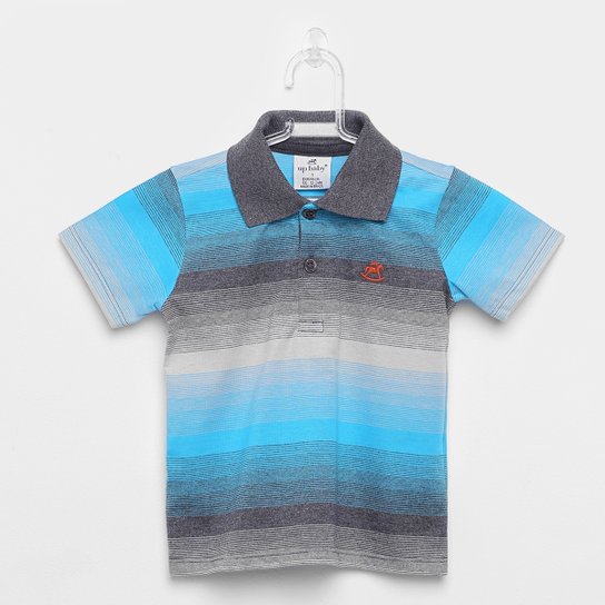 Camisa Polo Infantil Up Baby Malha Listrada Masculina - Cinza+Azul