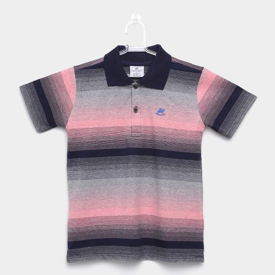 Camisa Polo Infantil Up Baby Malha Listrada Masculina - Marinho+Rosa Claro