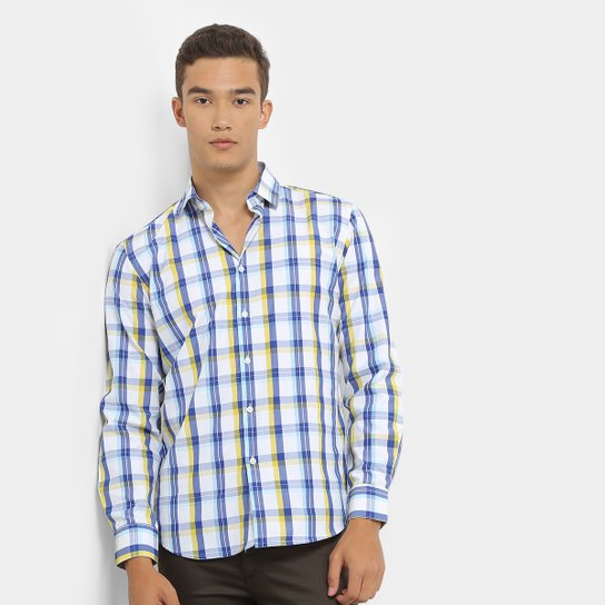 Camisa Xadrez Manga Longa Broken Rules Masculina - Azul+amarelo