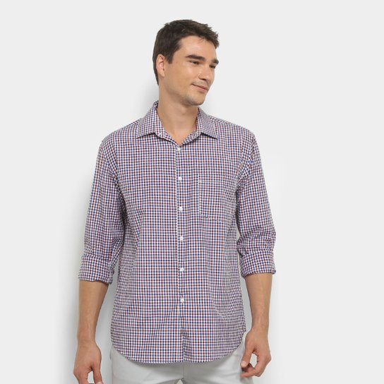 Camisa Xadrez Manga Longa Watkins&Krown com Bolso Masculina - Branco+Vermelho