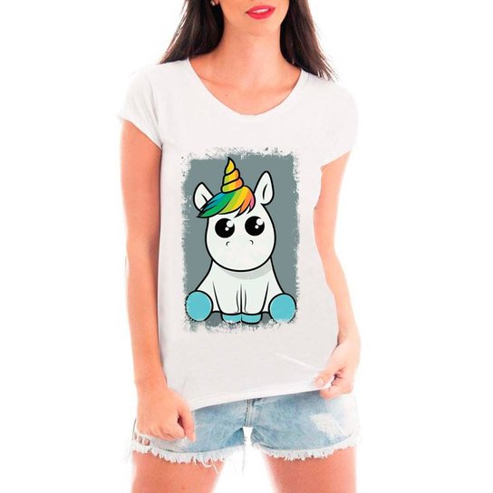 Camiseta Bata Criativa Urbana Unicórnio Fofinho Olhos Brilhando - Branco