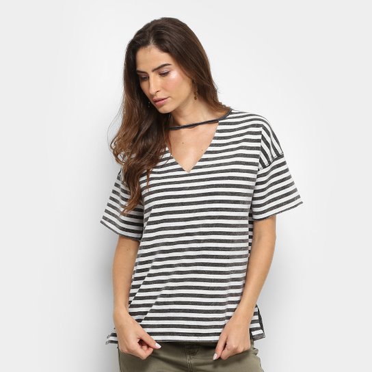Camiseta Cantão Listrada com Recorte na Gola Feminina - Chumbo+Branco