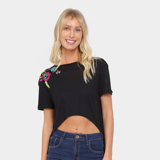 Camiseta Coca-Cola Bordado e Recorte Feminina - Preto