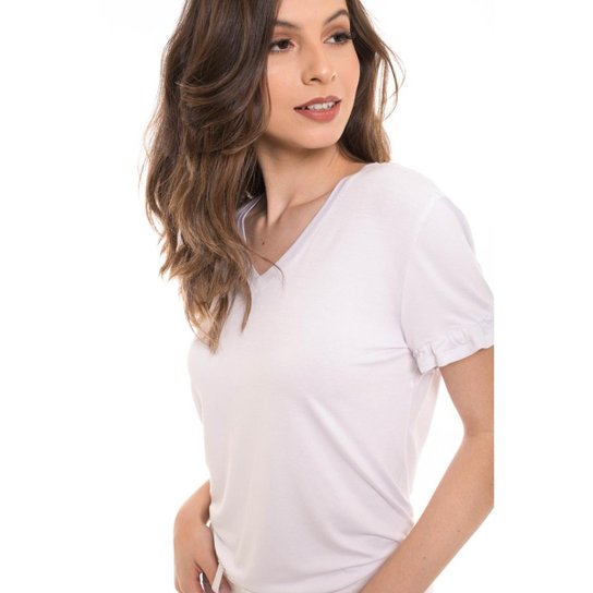 Camiseta Daniela Cristina Manga com Babado Feminina - Branco