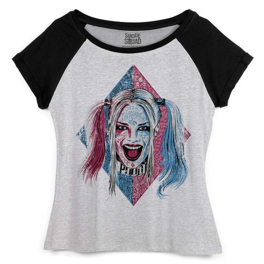 Camiseta DC Comics bandUP! Raglan Esquadrão Suicida Harley Quinn Puddin - Cinza+Preto