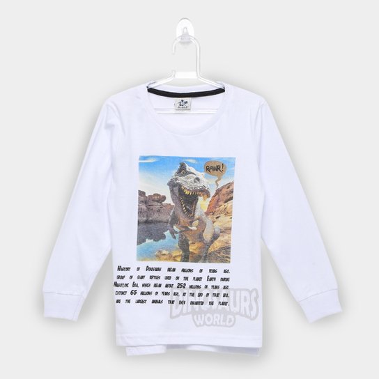 Camiseta Infantil Andritex Dinosaur World Manga Longa Masculina - Branco