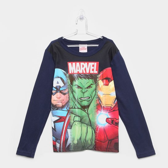 Camiseta Infantil Brandili Manga Longa Avengers Masculina - Marinho